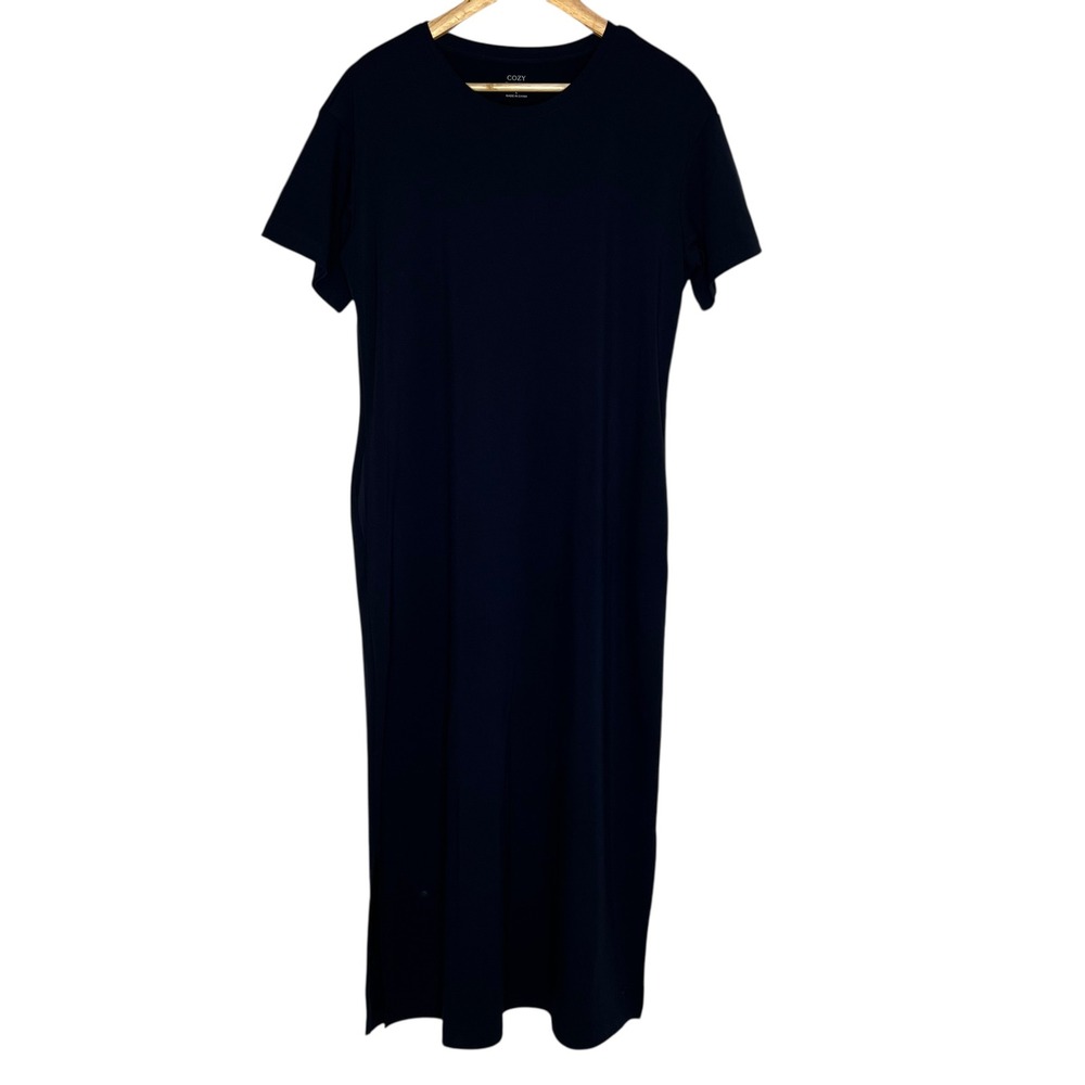 Cozy Earth Brushed Bamboo Short Sleeve Midi Slit Dress in Navy Pockets SZ L - Picture 3 of 13